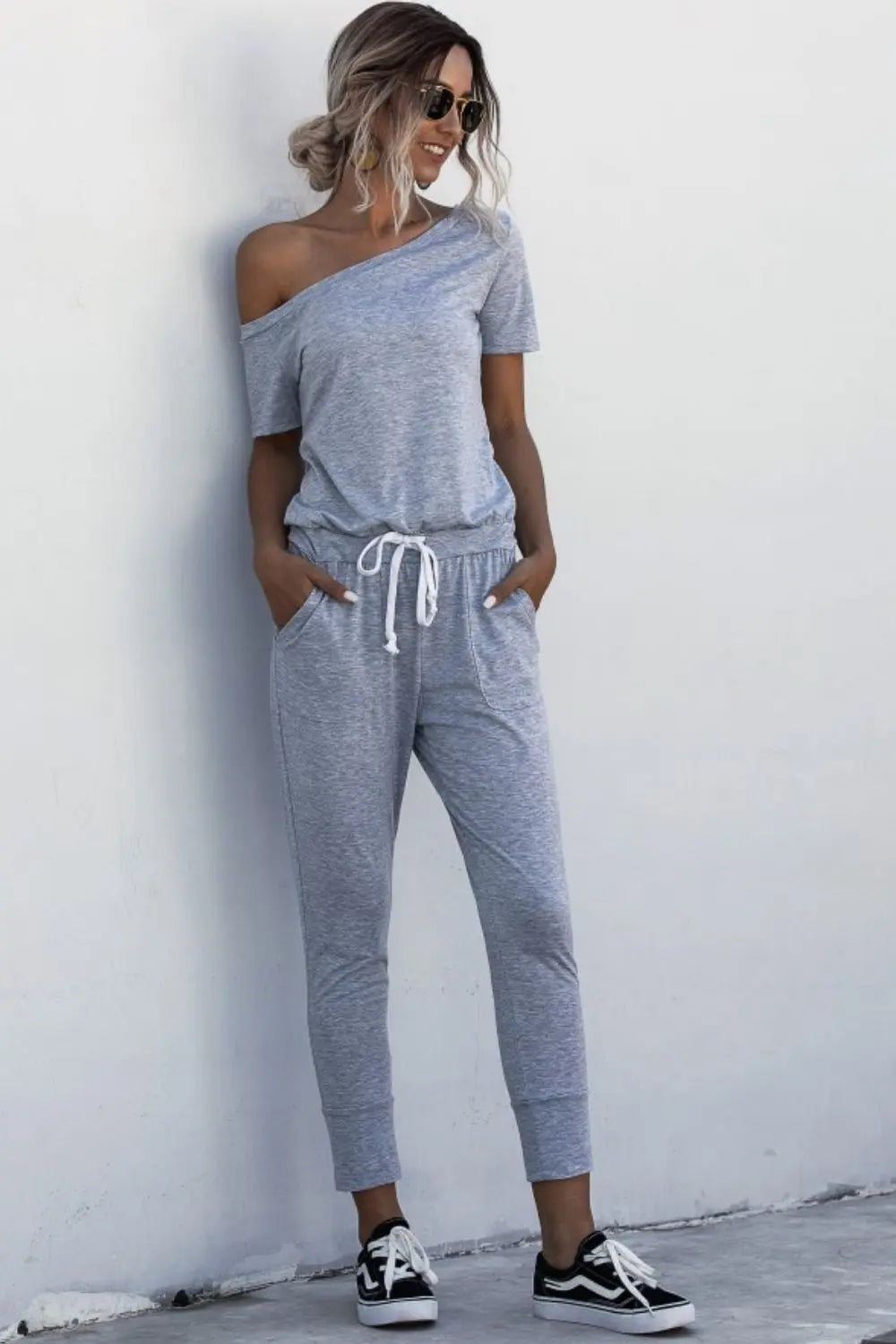 Asymmetrical Neck Tied Jumpsuit with Pockets Bazaarbey