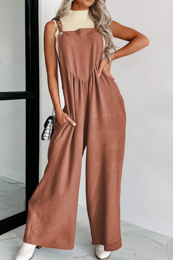 BazaarBey Waffle-knit Wide Leg Overall with Pockets 