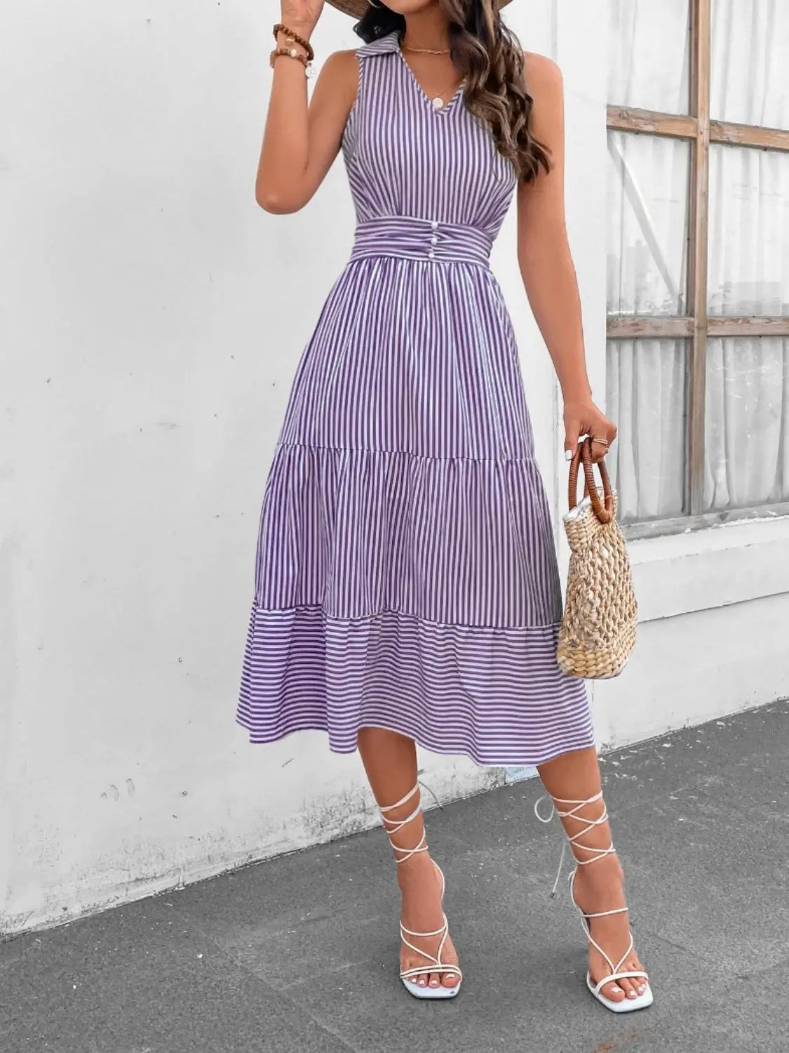 Striped  Sleeveless Midi Dress -BazaarBey - www.shopbazaarbey.com