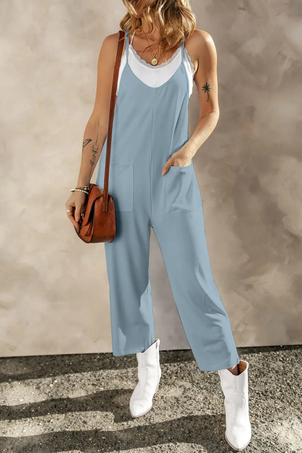 Pocketed Spaghetti Strap Wide Leg Jumpsuit Trendsi