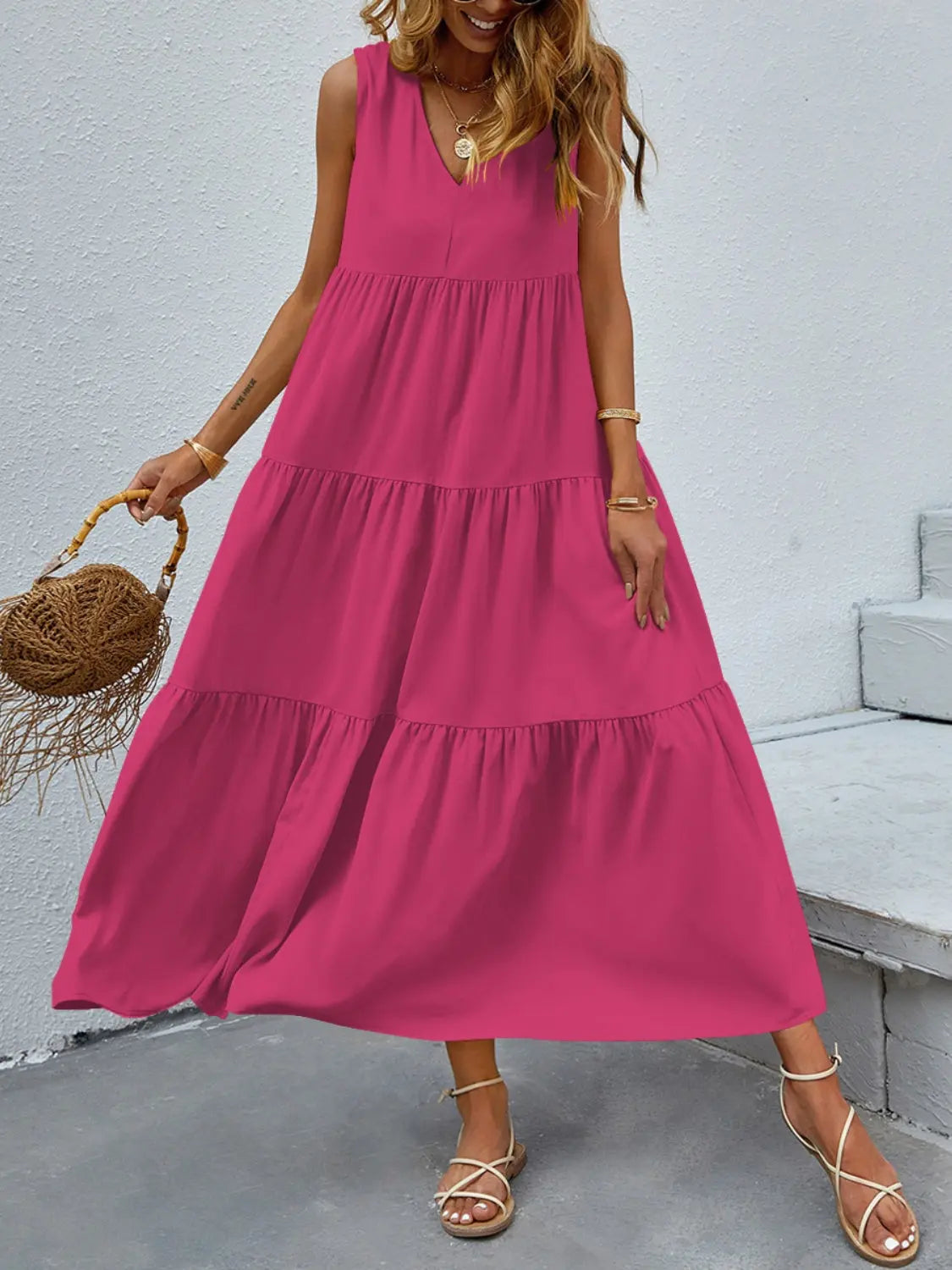 Tiered V-Neck Sleeve Dress -BazaarBey - www.shopbazaarbey.com