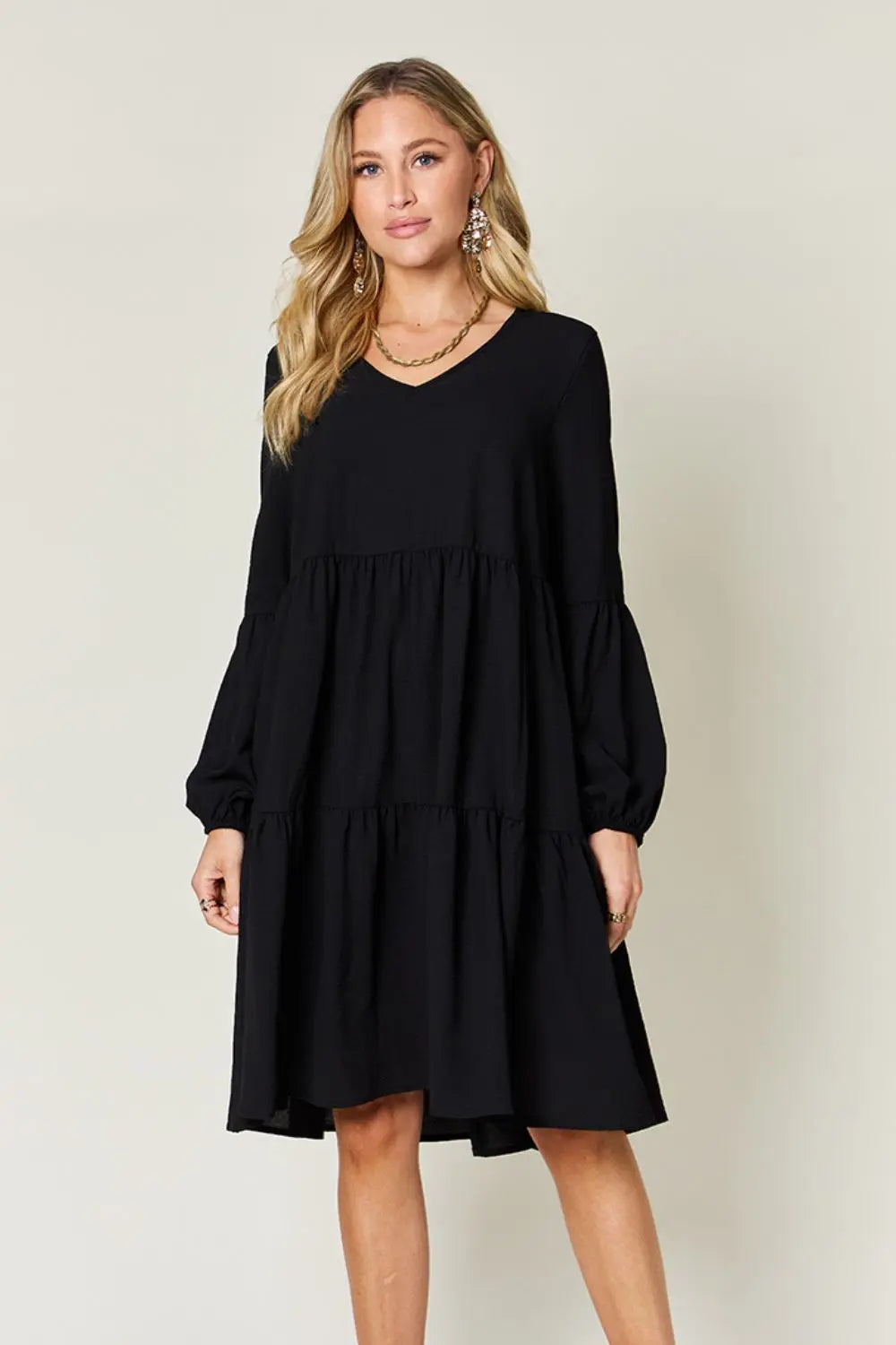  Full Size V-Neck Balloon Sleeve Tiered Dress -BazaarBey - www.shopbazaarbey.com