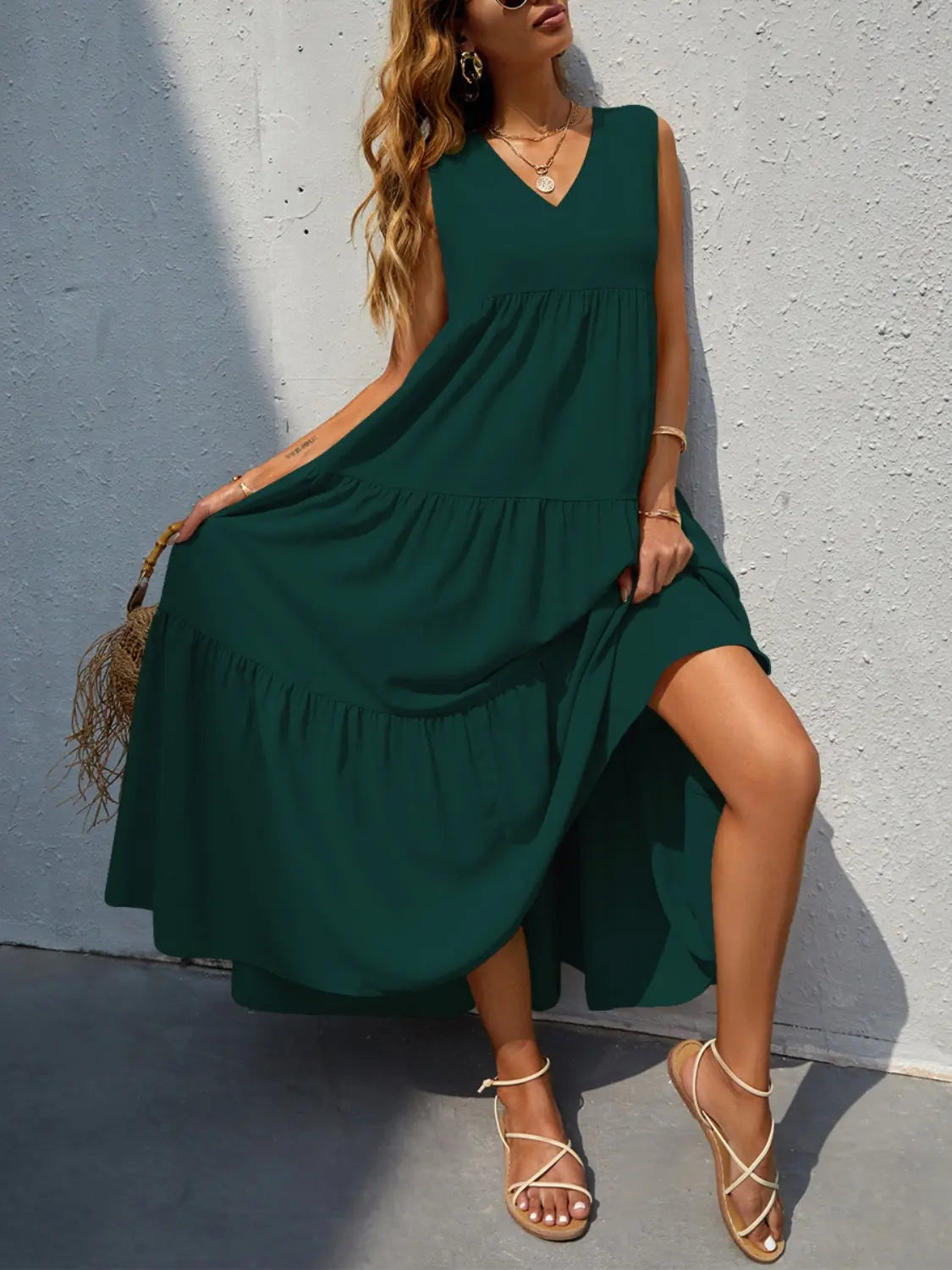 Tiered V-Neck Sleeve Dress -BazaarBey - www.shopbazaarbey.com