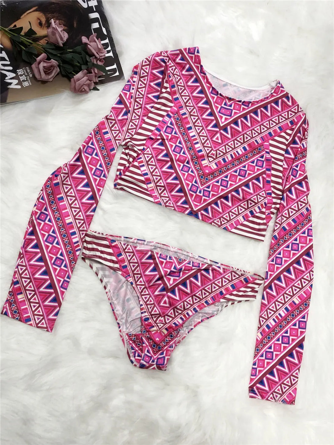 Printed Long Sleeve Top and Brief Swim Set Trendsi