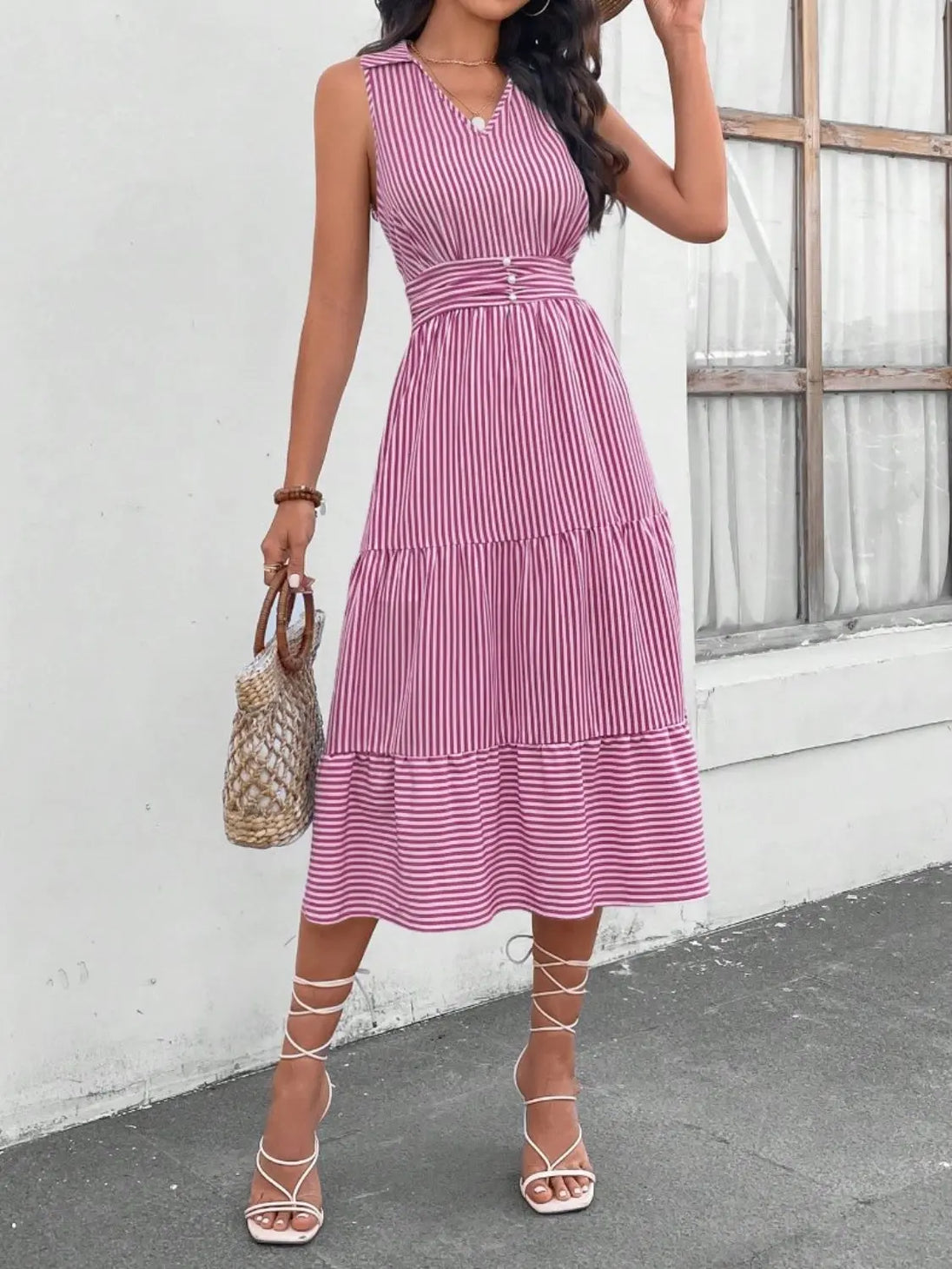 Striped  Sleeveless Midi Dress -BazaarBey - www.shopbazaarbey.com