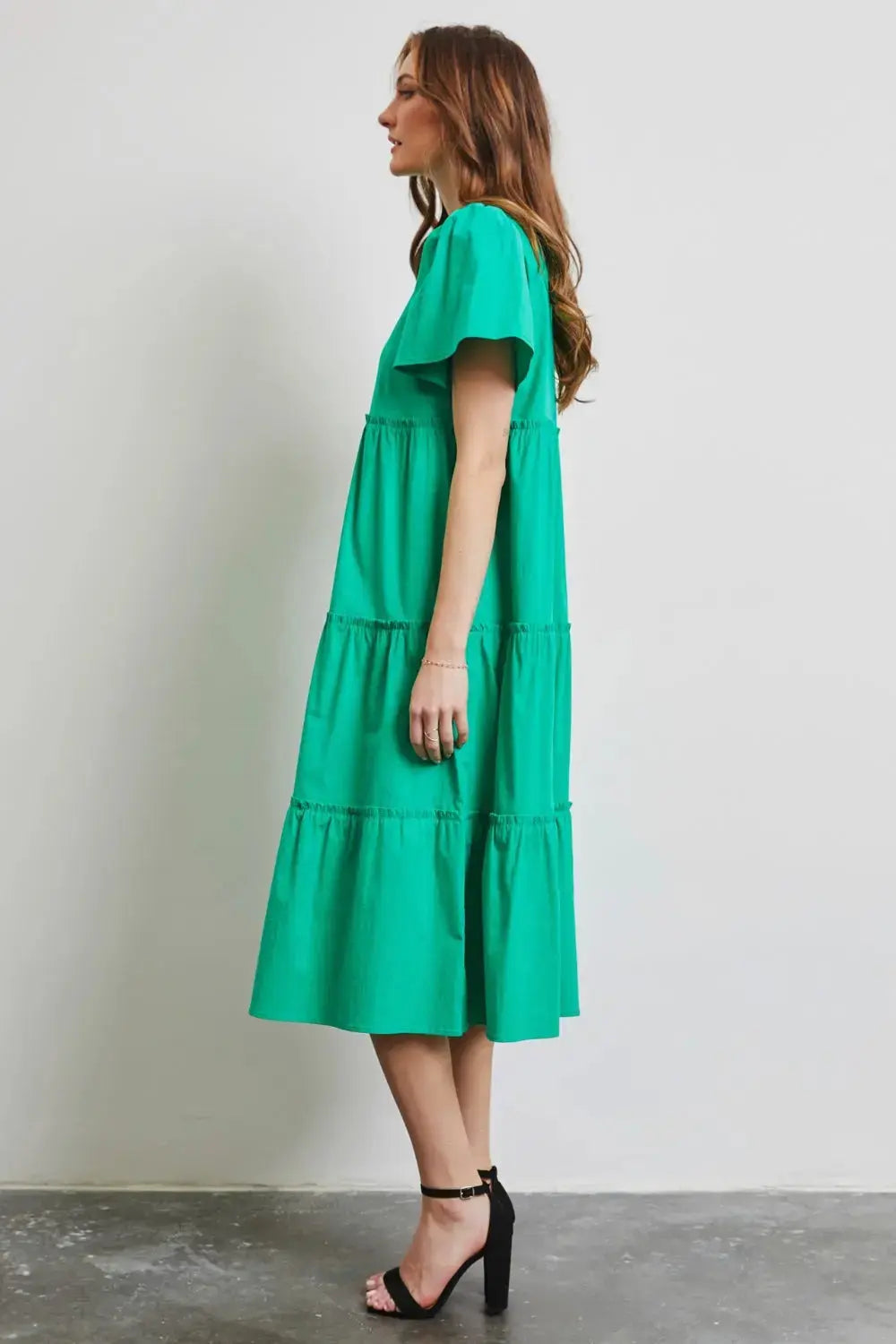  Full Size Cotton Poplin Ruffled Tiered Midi Dress -BazaarBey - www.shopbazaarbey.com