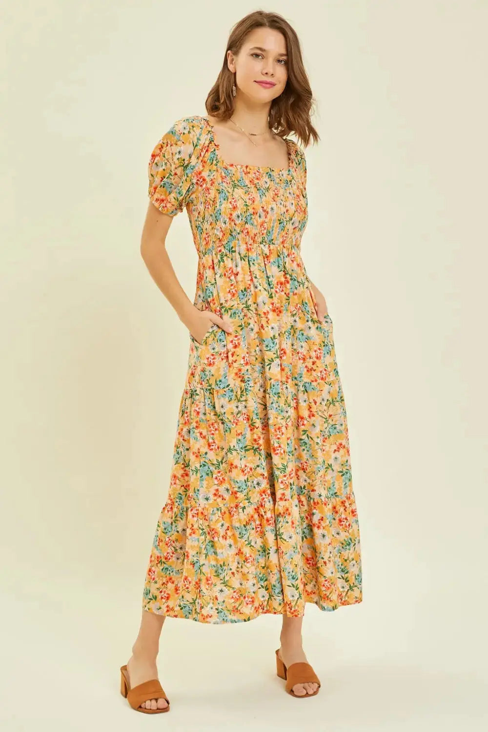  Full Size Floral Smocked Tiered Midi Dress -BazaarBey - www.shopbazaarbey.com