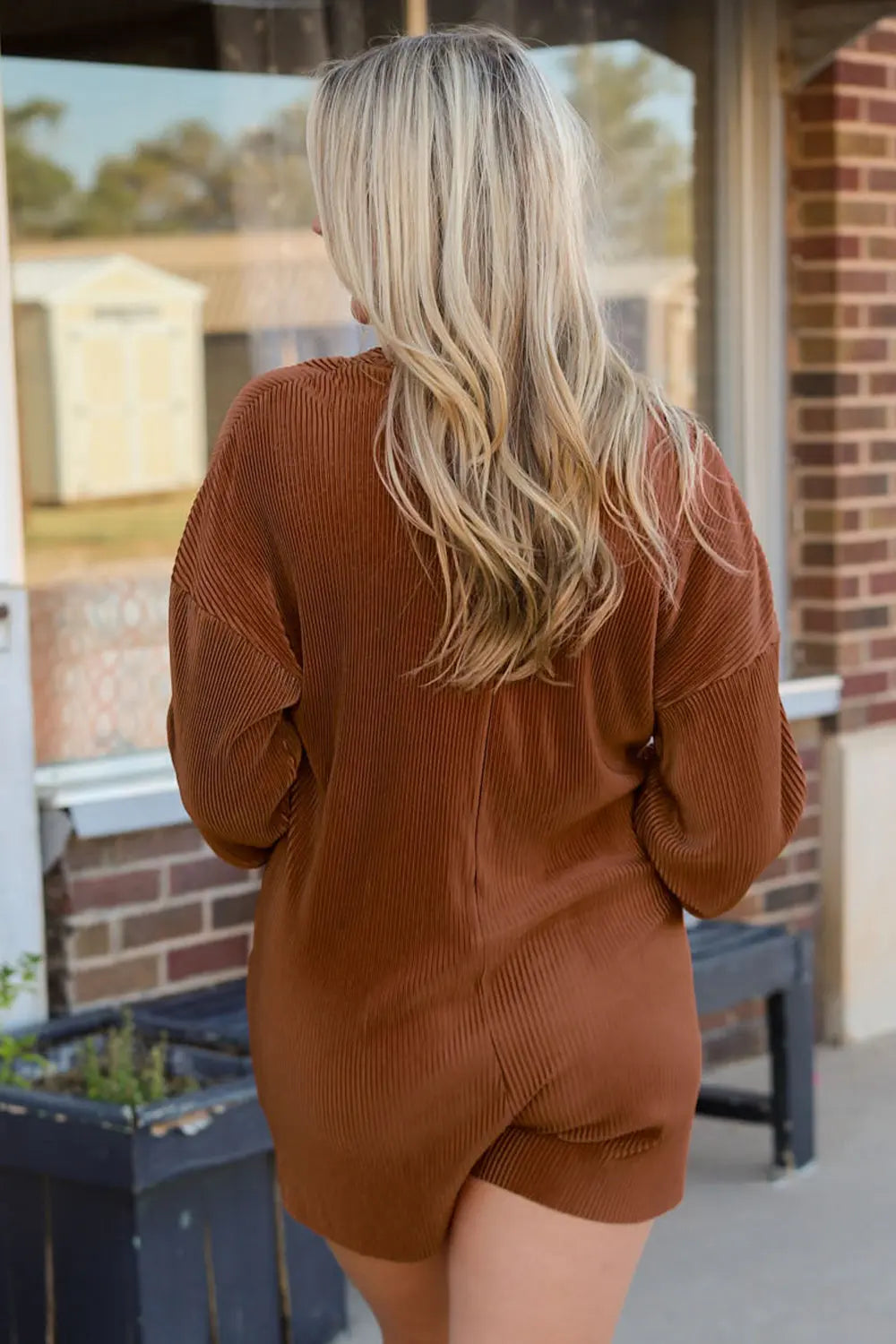 Ribbed V-Neck Half Buttoned Romper Trendsi