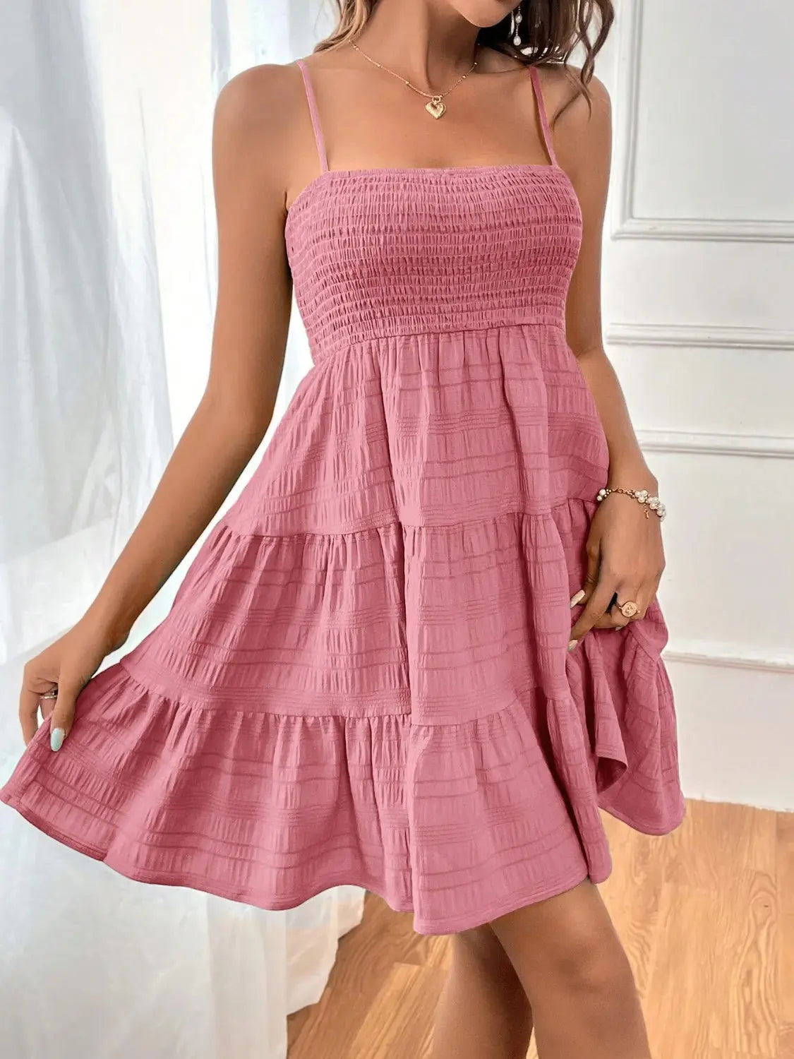 Smocked Tiered Sleeveless Mini Dress -BazaarBey - www.shopbazaarbey.com
