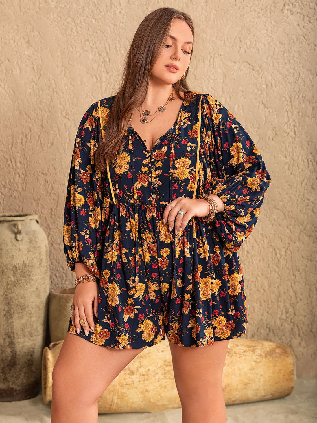Floral Tie Neck Balloon Sleeve Romper Trendsi
