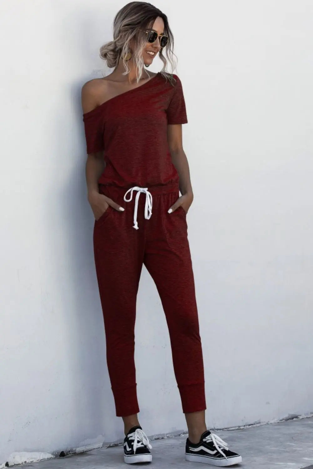 Asymmetrical Neck Tied Jumpsuit with Pockets Bazaarbey