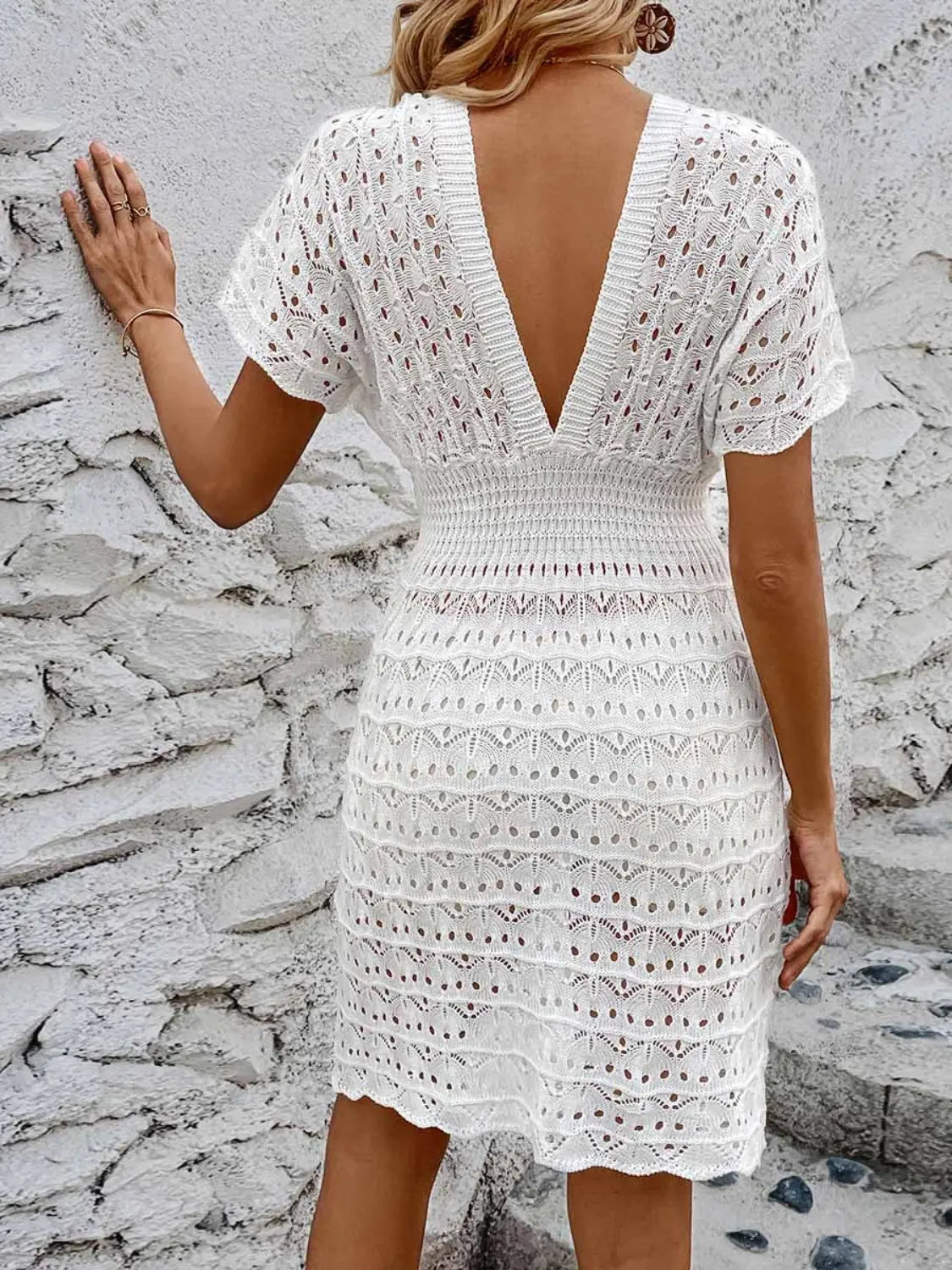 Openwork Plunge Short Sleeve Cover-Up Dress Trendsi