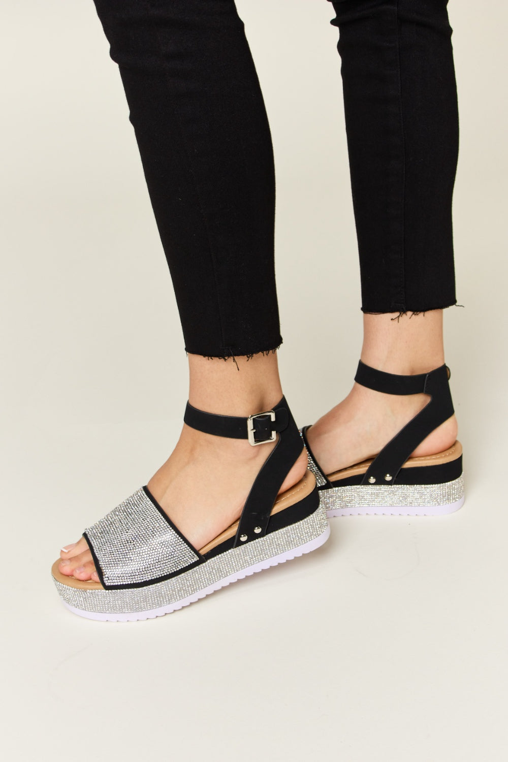  Rhinestone Buckle Strappy Wedge Sandals Trendsi