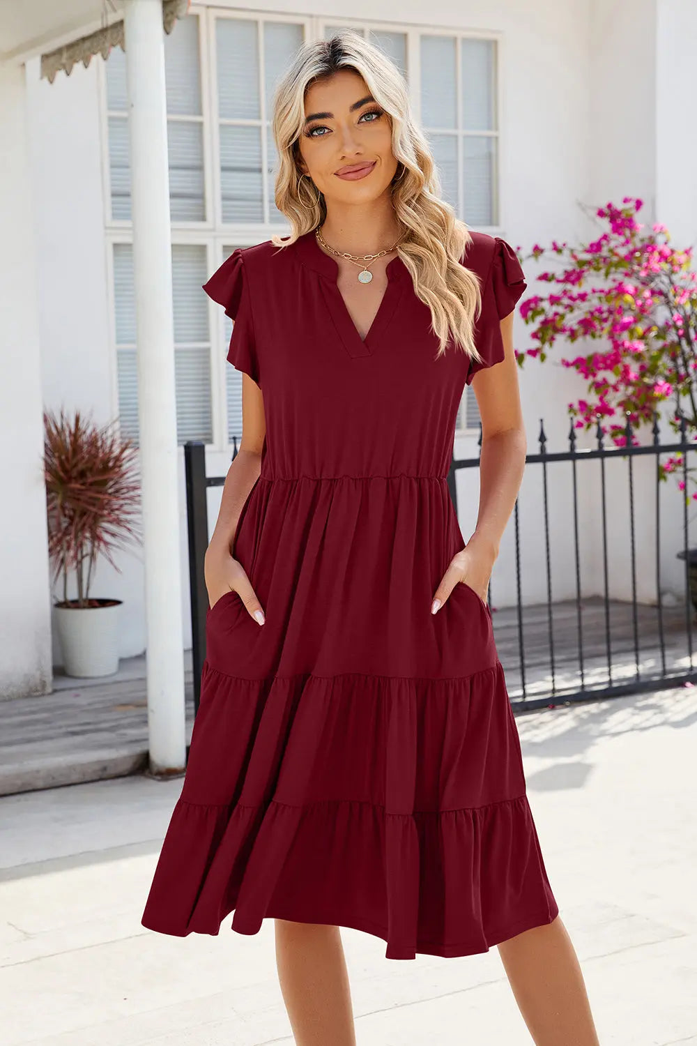 Ruched Notched Cap Sleeve Dress -BazaarBey - www.shopbazaarbey.com
