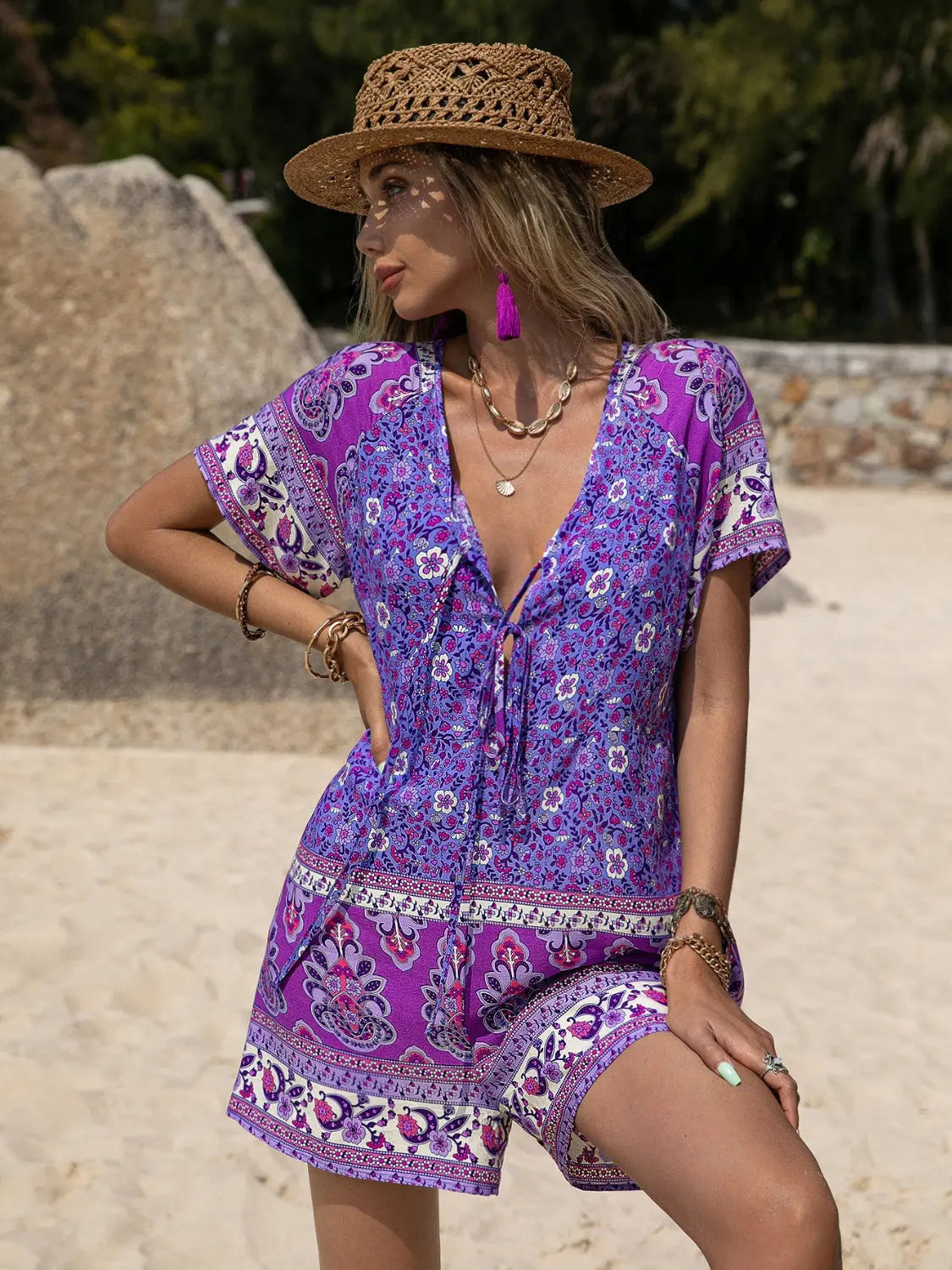 Tied Printed Short Sleeve Romper Trendsi