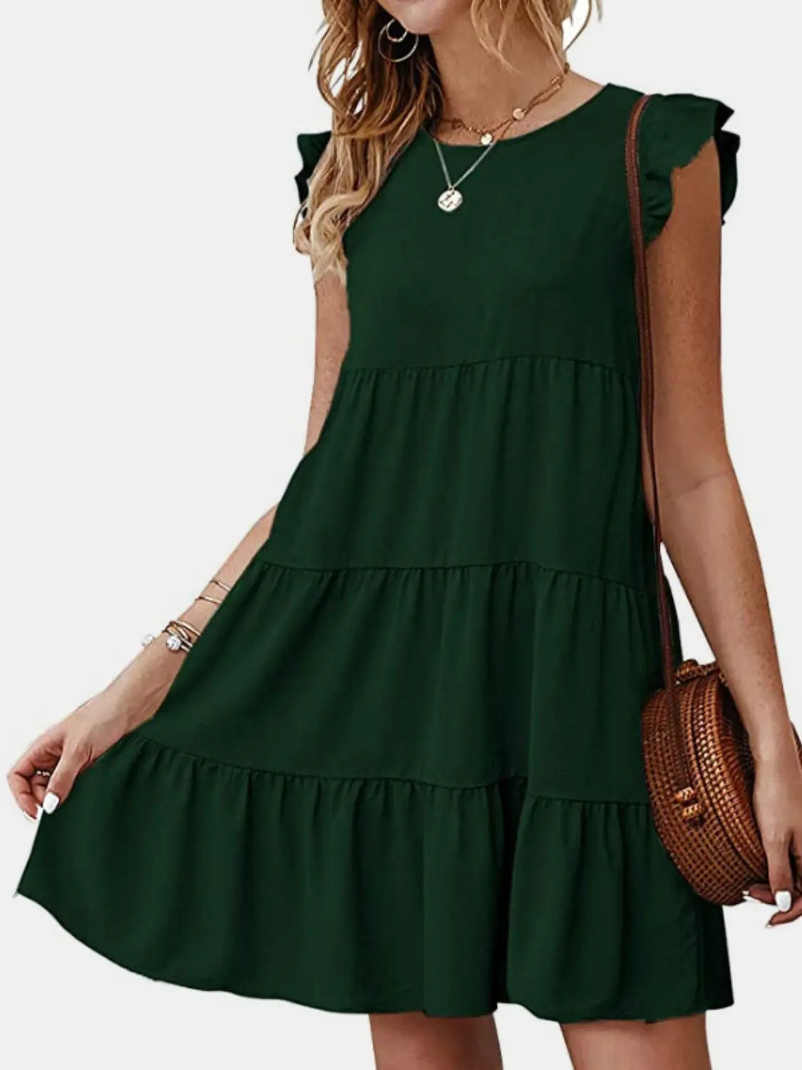 Ruffled Round Neck Cap Sleeve Mini Dress -BazaarBey - www.shopbazaarbey.com