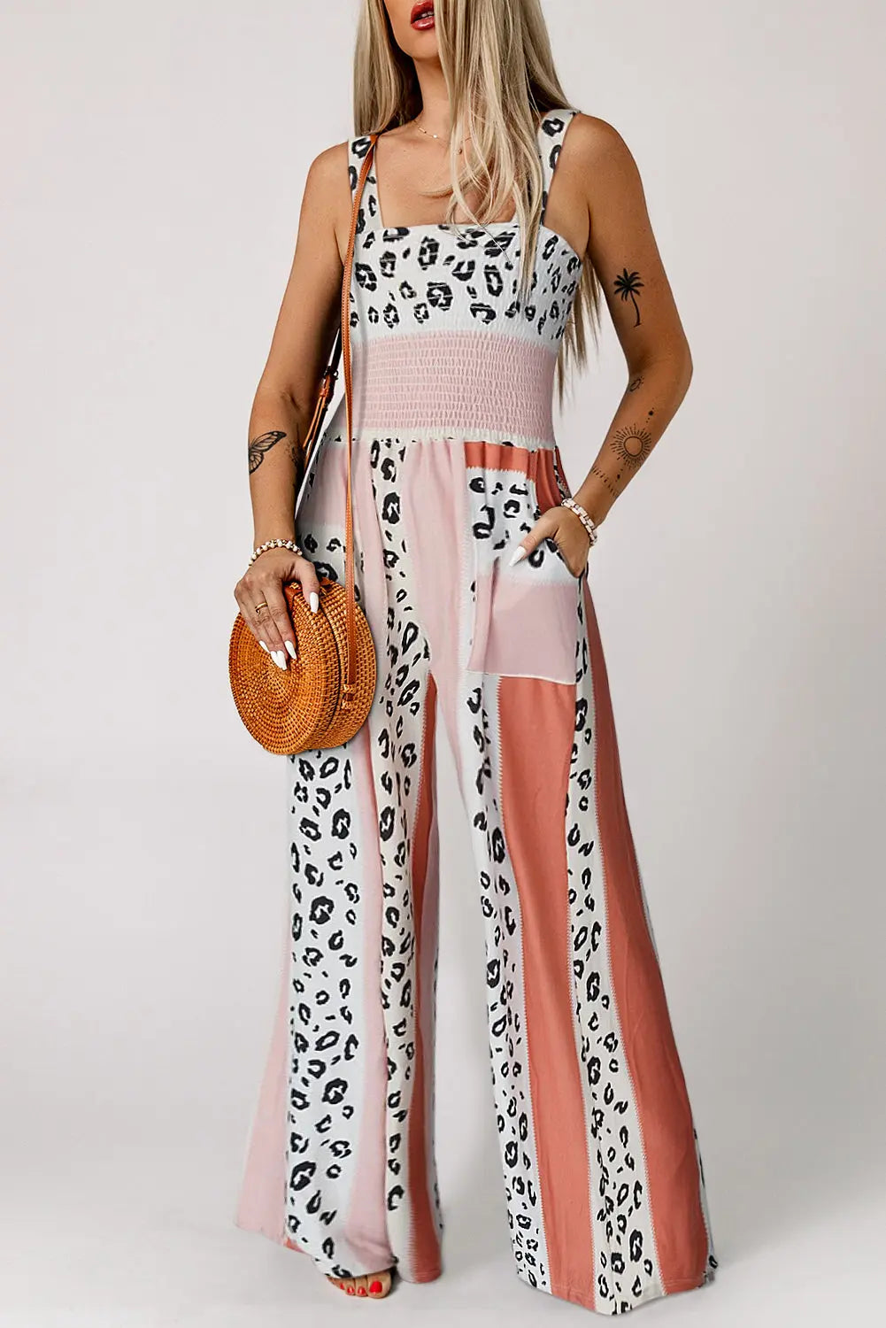  Color Block Smocked Jumpsuit Trendsi