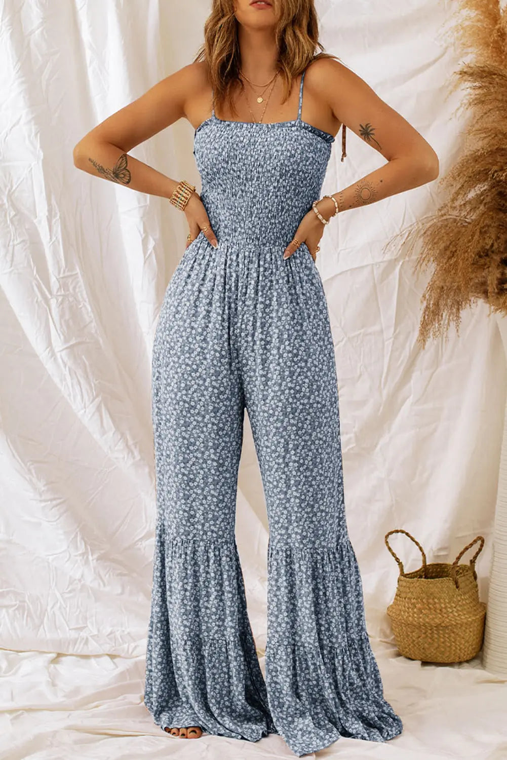 BazaarBey Smocked Printed Wide Strap Jumpsuit 