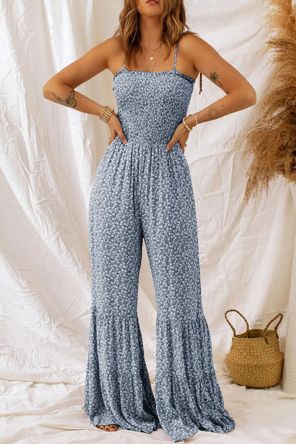BazaarBey Smocked Printed Wide Strap Jumpsuit 