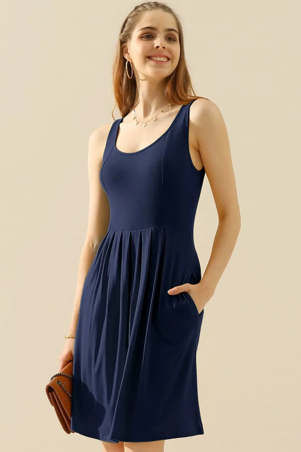  Full Size Round Neck Ruched Sleeveless Dress with Pockets -BazaarBey - www.shopbazaarbey.com