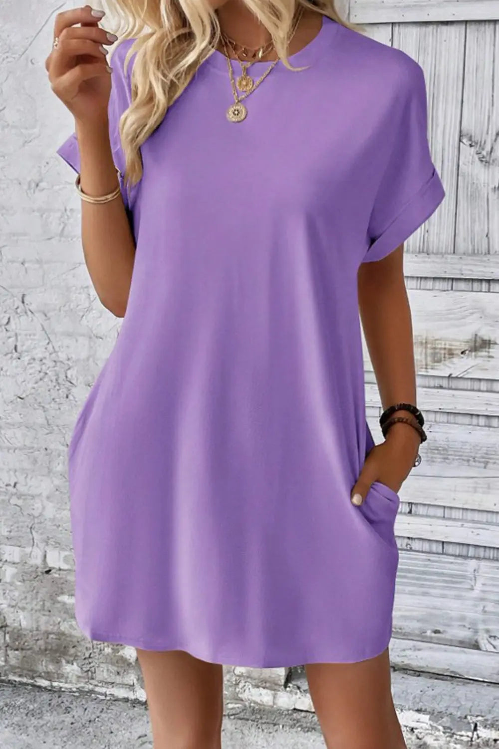 Pocketed Round Neck Short Sleeve Dress -BazaarBey - www.shopbazaarbey.com