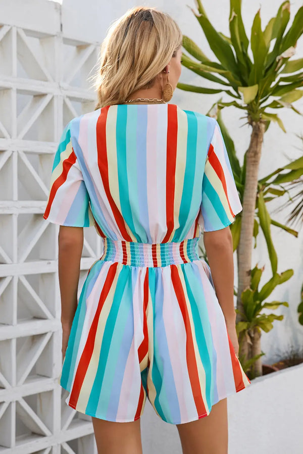 Striped Tie Front Romper Trendsi
