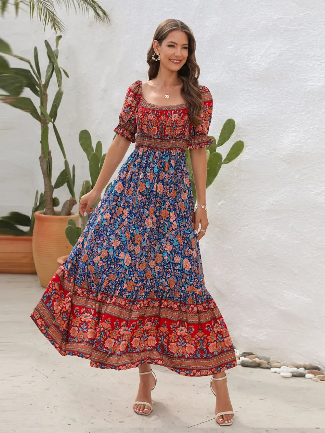 Floral Flounce Sleeve Midi Dress -BazaarBey - www.shopbazaarbey.com