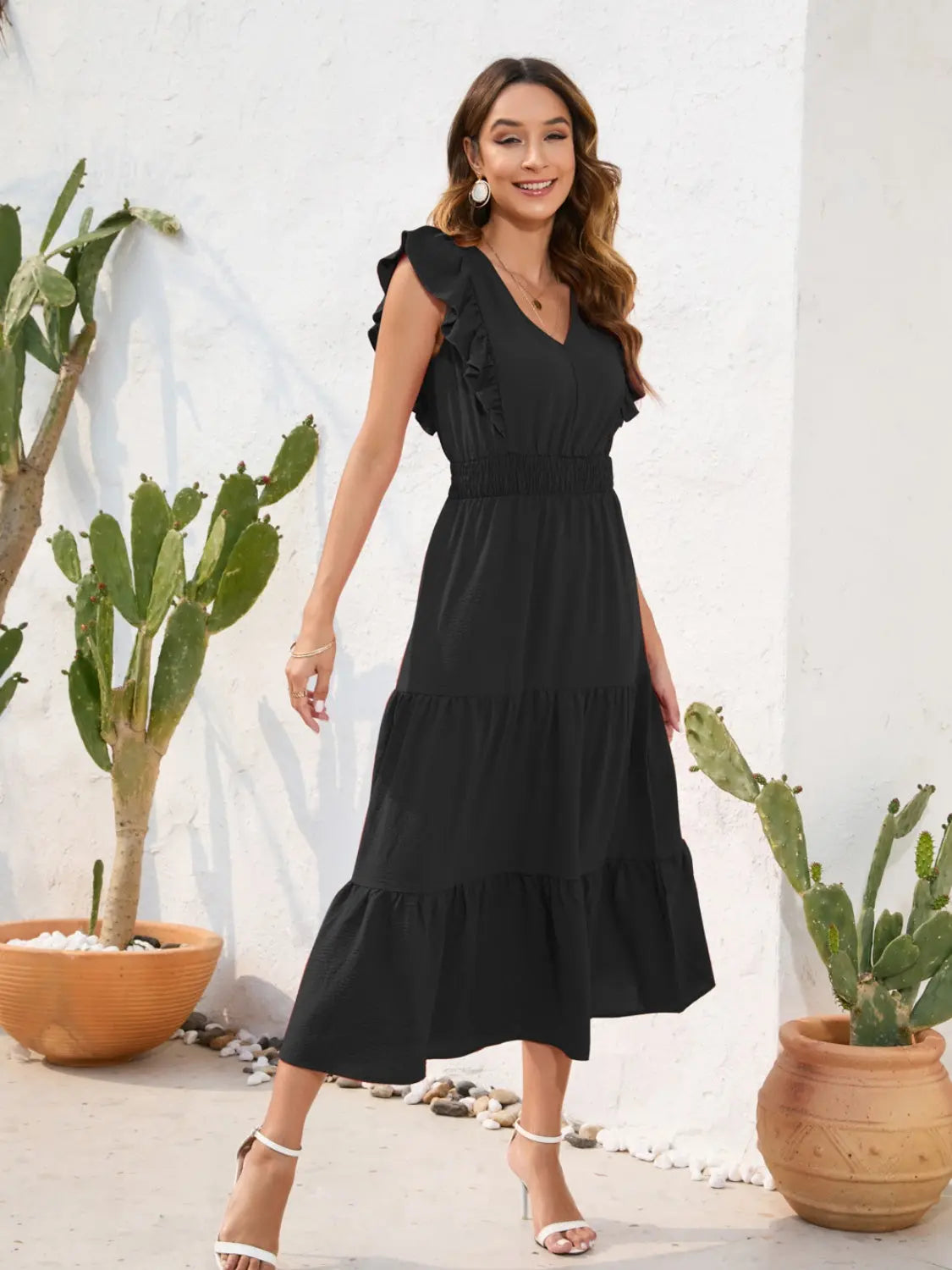 Tiered Ruffled V-Neck Cap Sleeve Dress -BazaarBey - www.shopbazaarbey.com