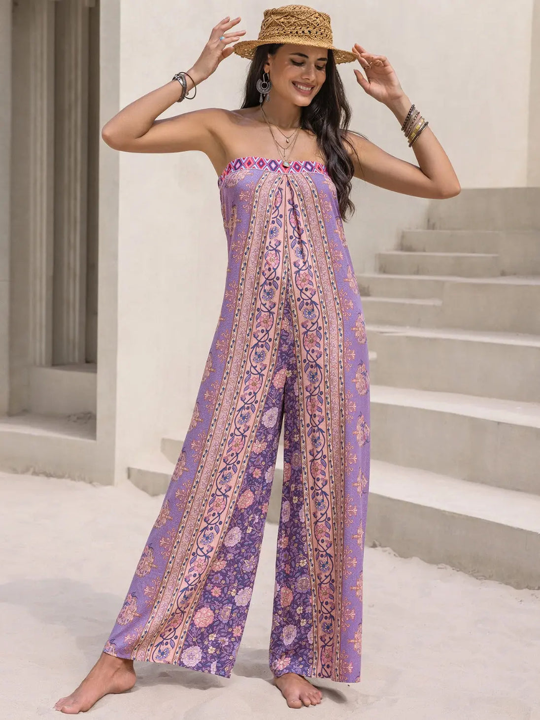 BazaarBey Tied Printed Tube Wide Leg Jumpsuit 