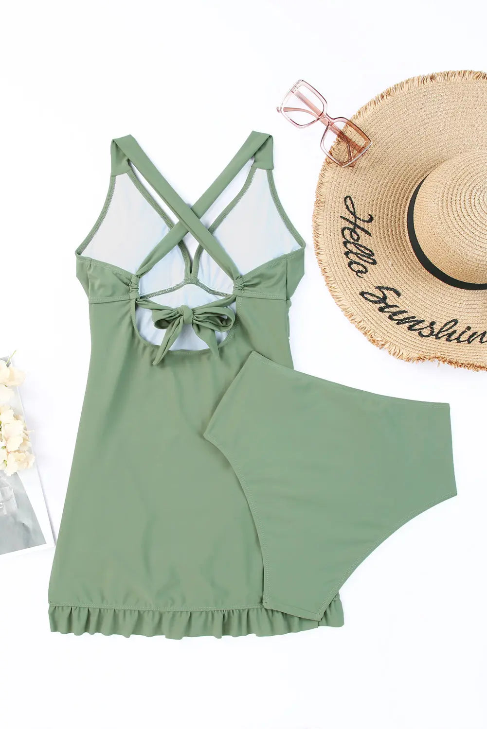 Tie Back Sleeveless Swim Dress and Bottoms Set Trendsi