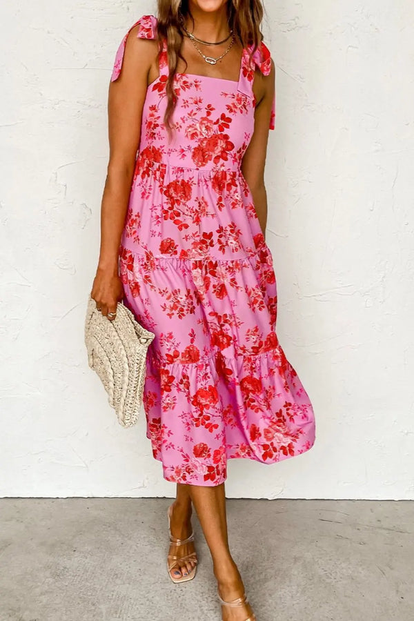 Tied Printed Sleeveless Tiered Dress -BazaarBey - www.shopbazaarbey.com
