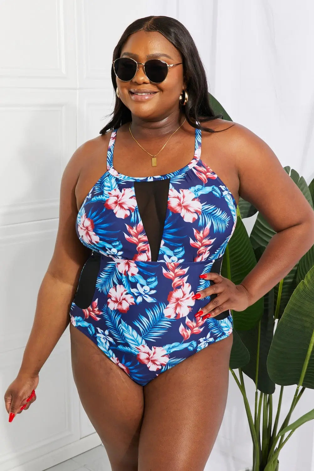 Floral Crisscross Spliced Mesh One-Piece Swimsuit Trendsi