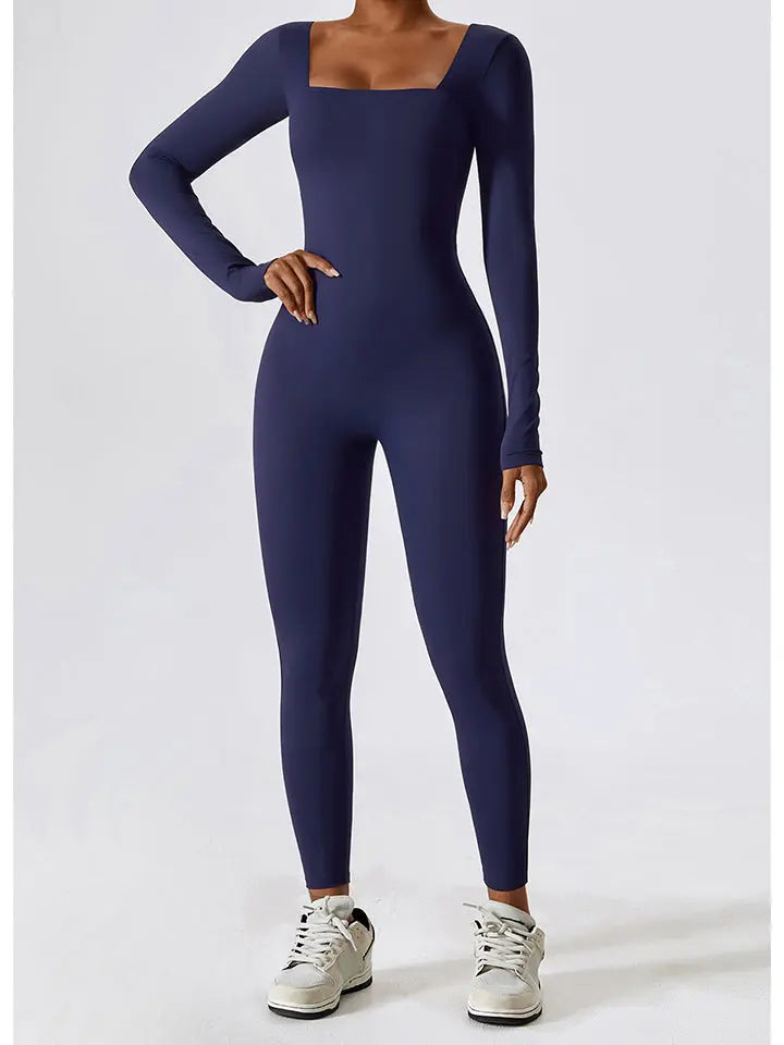 Square Neck Long Sleeve Sports Jumpsuit Trendsi