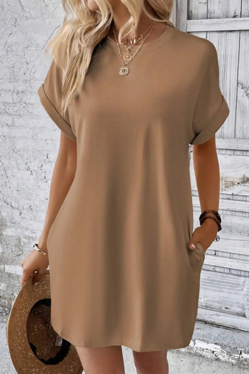 Pocketed Round Neck Short Sleeve Dress -BazaarBey - www.shopbazaarbey.com