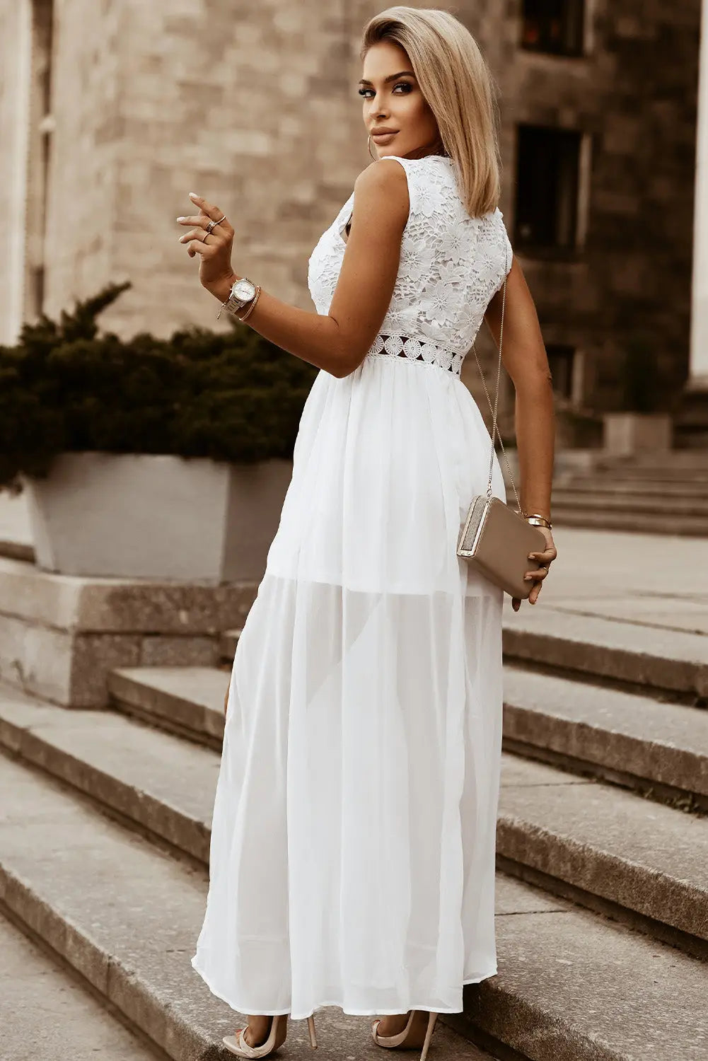 Slit Lace Detail V-Neck Dress -BazaarBey - www.shopbazaarbey.com