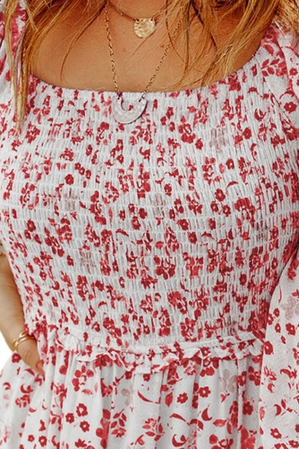 Smocked Floral Square Neck Balloon Sleeve Dress -BazaarBey - www.shopbazaarbey.com