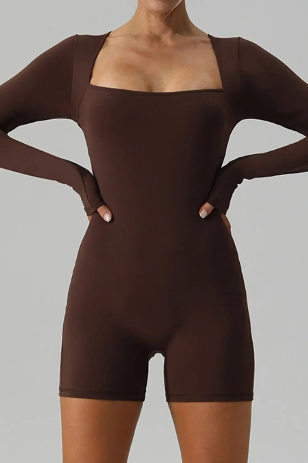 Square Neck Long Sleeve Active Romper Trendsi