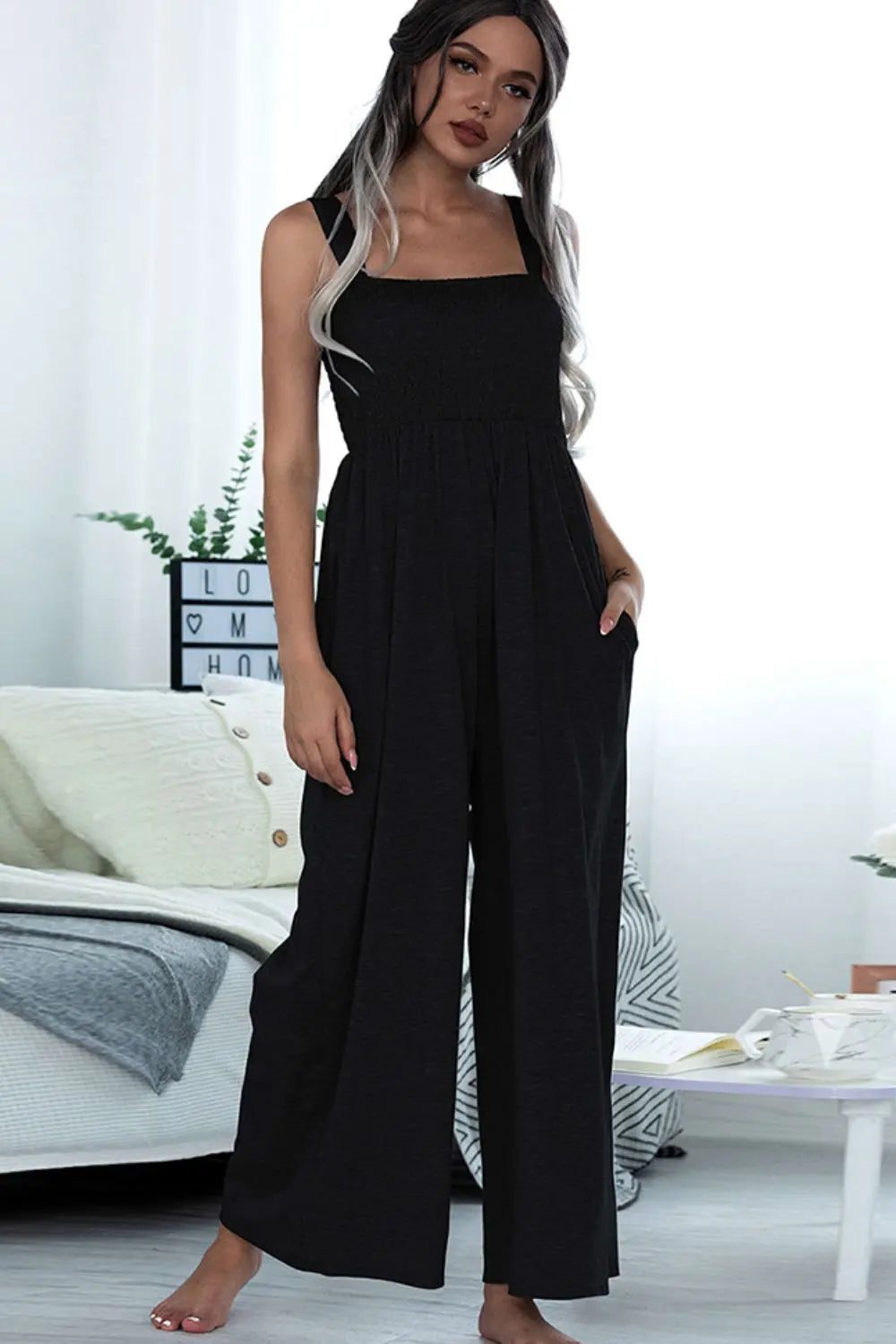 BazaarBey Square Neck Sleeveless Pocket Jumpsuit 