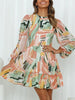 Printed Mock Neck Balloon Sleeve Mini Dress -BazaarBey - www.shopbazaarbey.com