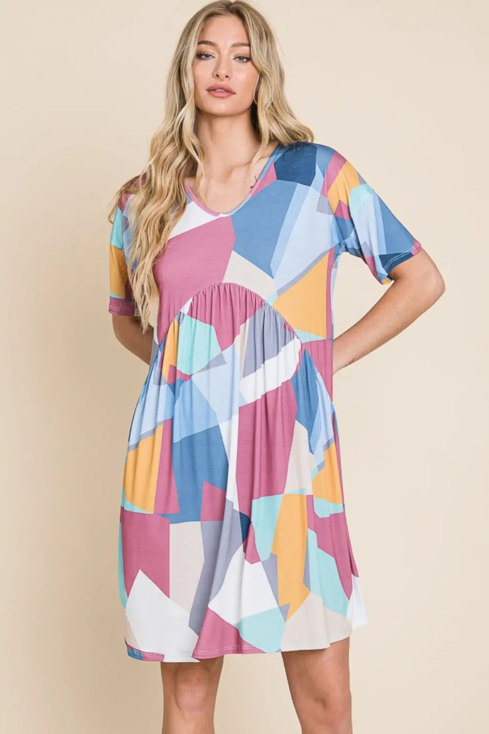  Ruched Color Block Short Sleeve Dress -BazaarBey - www.shopbazaarbey.com