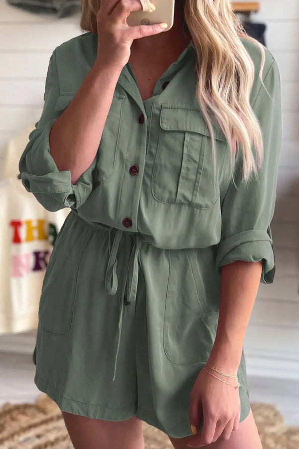 BazaarBey Collared Neck Drawstring Roll-Tab Sleeve Romper 