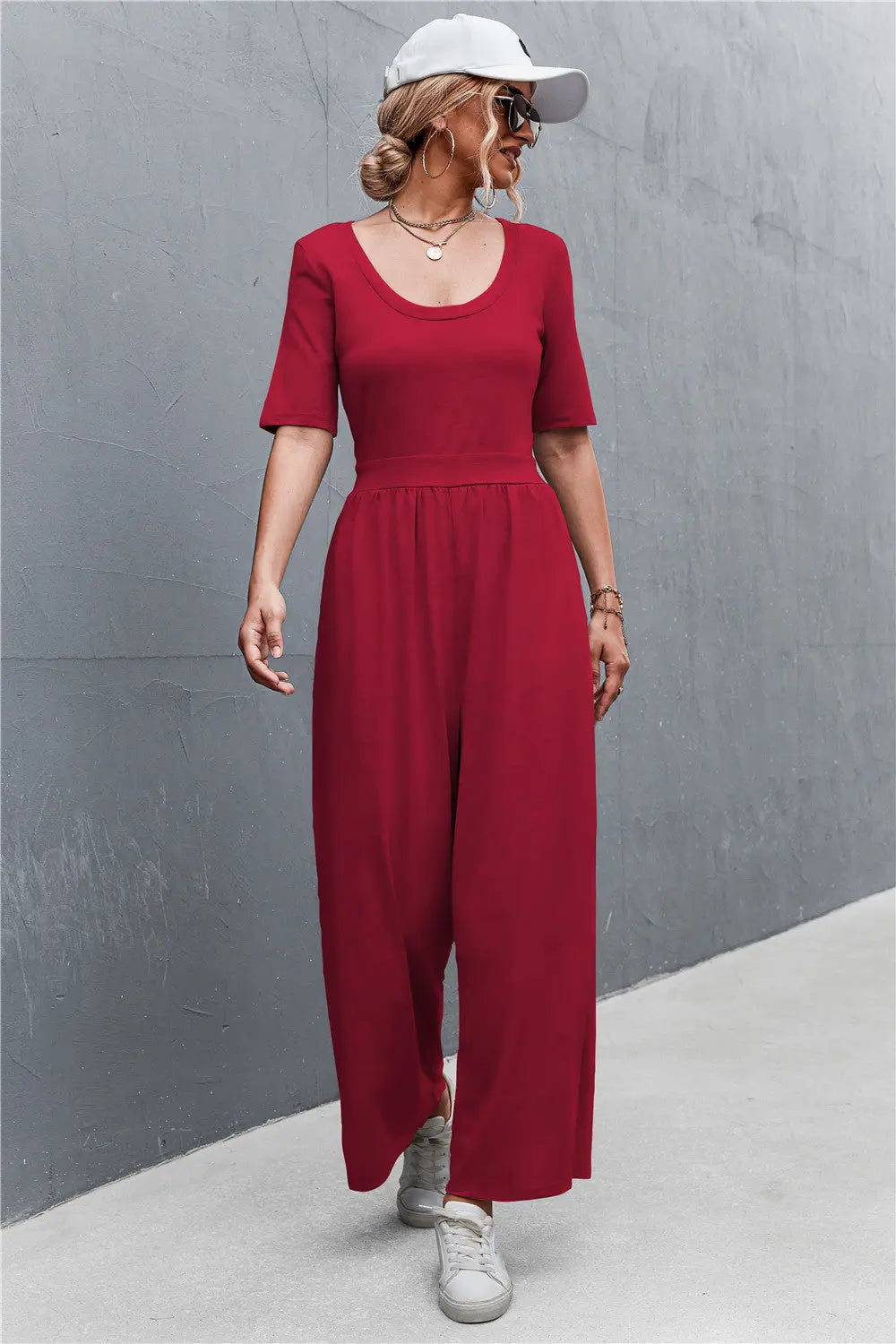 BazaarBey Scoop Neck Half Sleeve Wide Leg Jumpsuit 