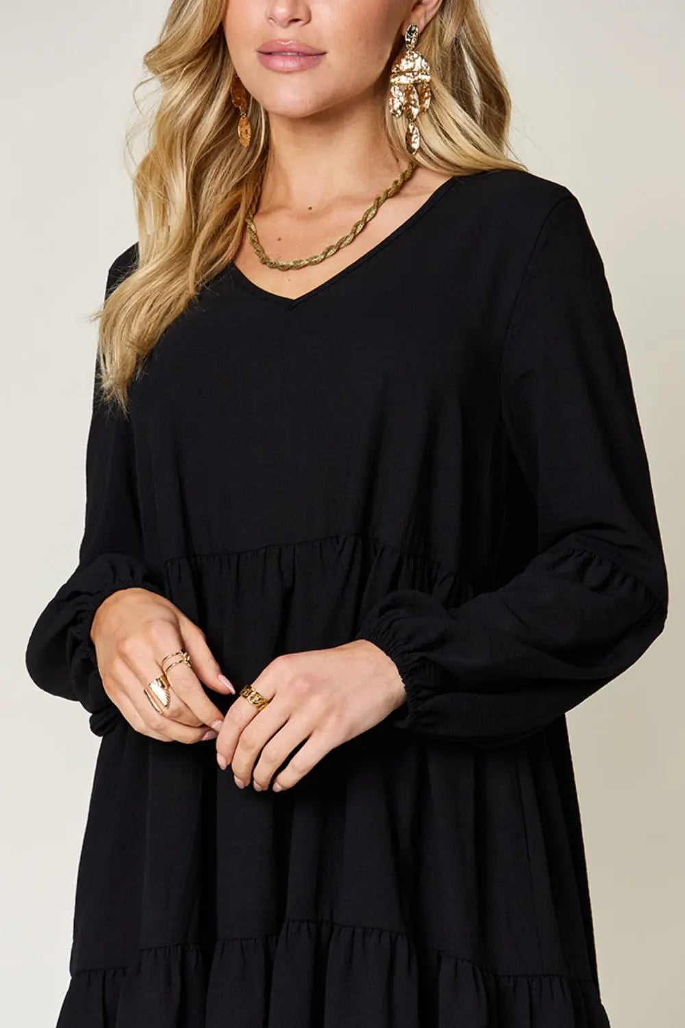  Full Size V-Neck Balloon Sleeve Tiered Dress -BazaarBey - www.shopbazaarbey.com