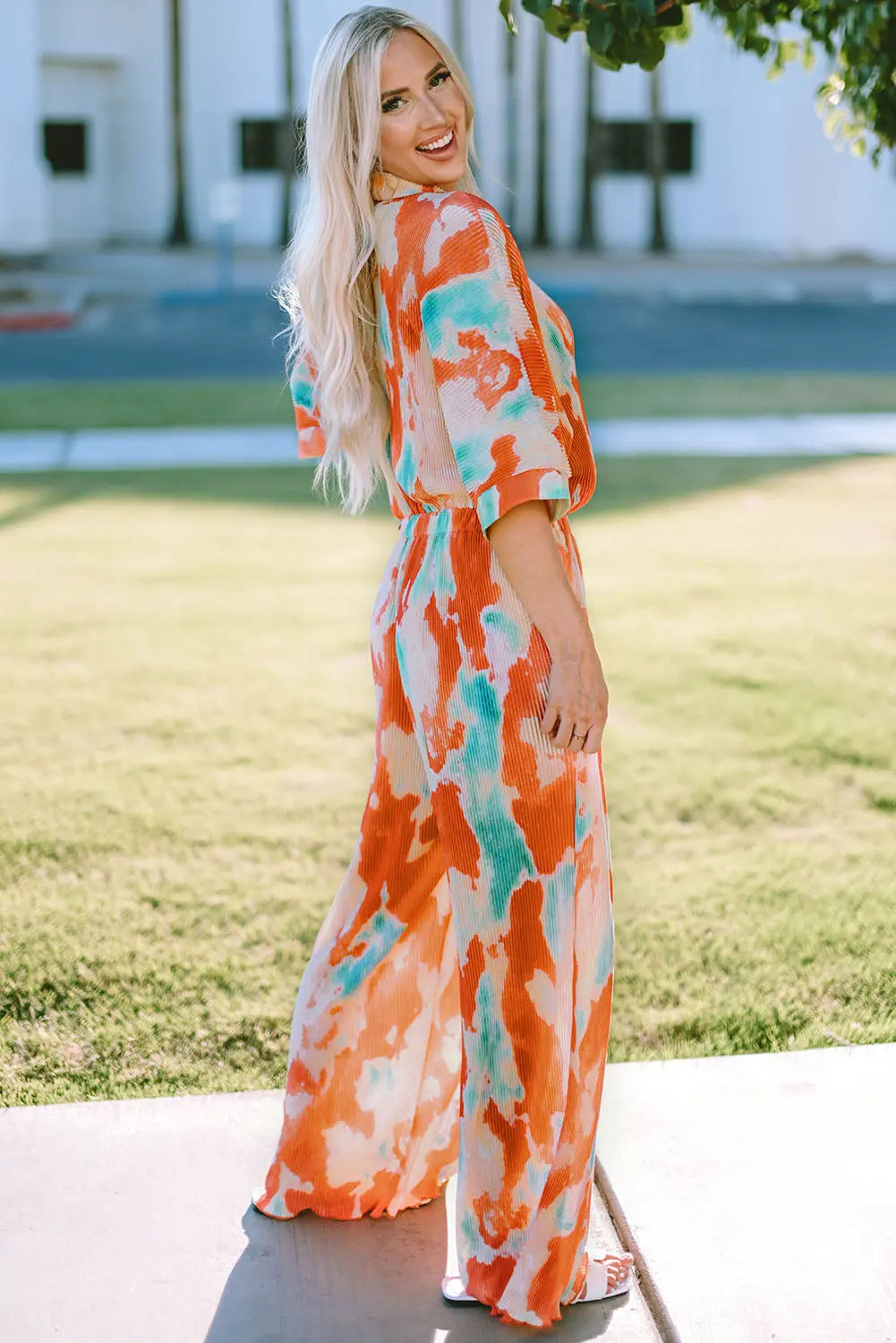 Tie-Dye Collared Wide Leg Jumpsuit Trendsi