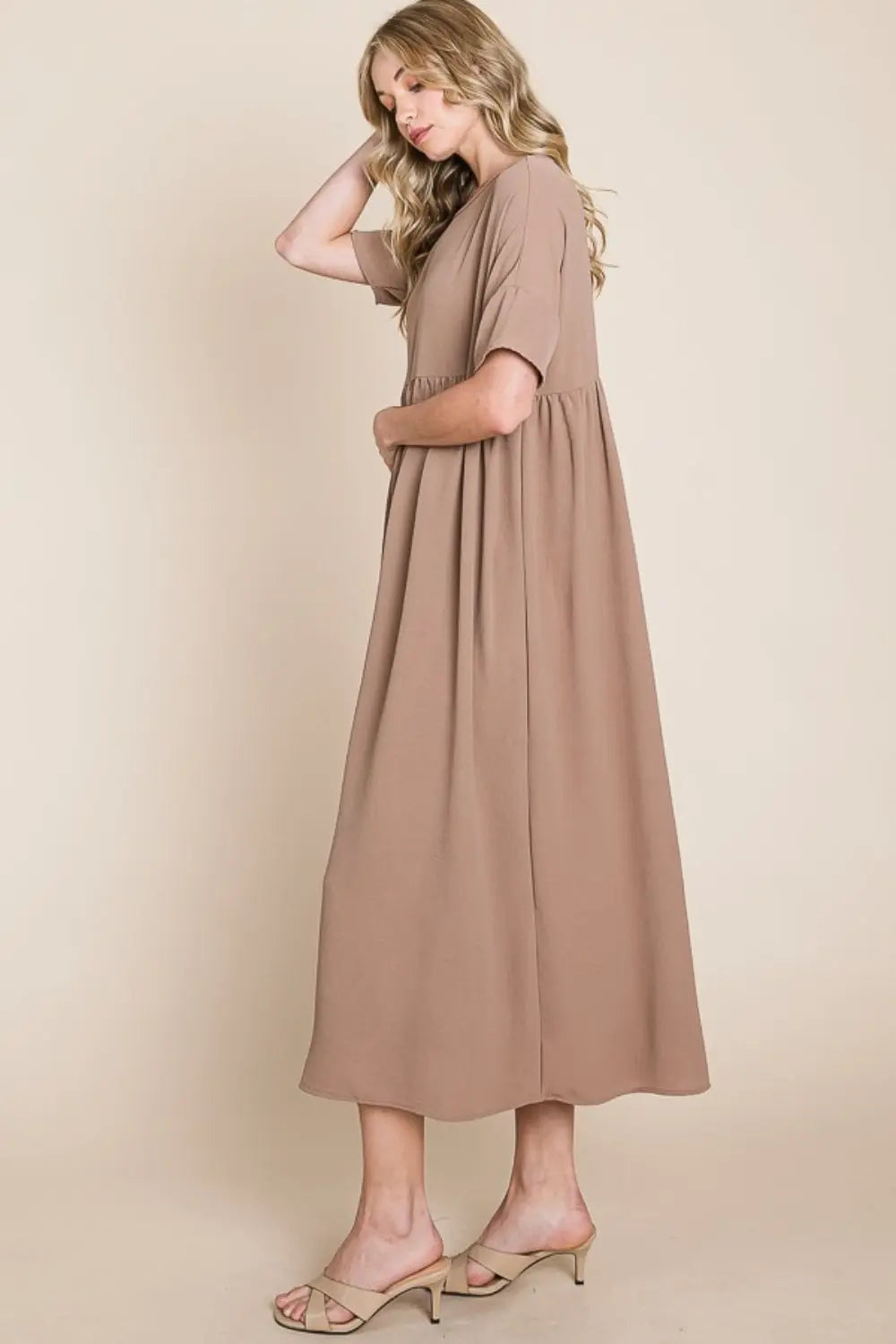  Round Neck Ruched Midi Dress -BazaarBey - www.shopbazaarbey.com