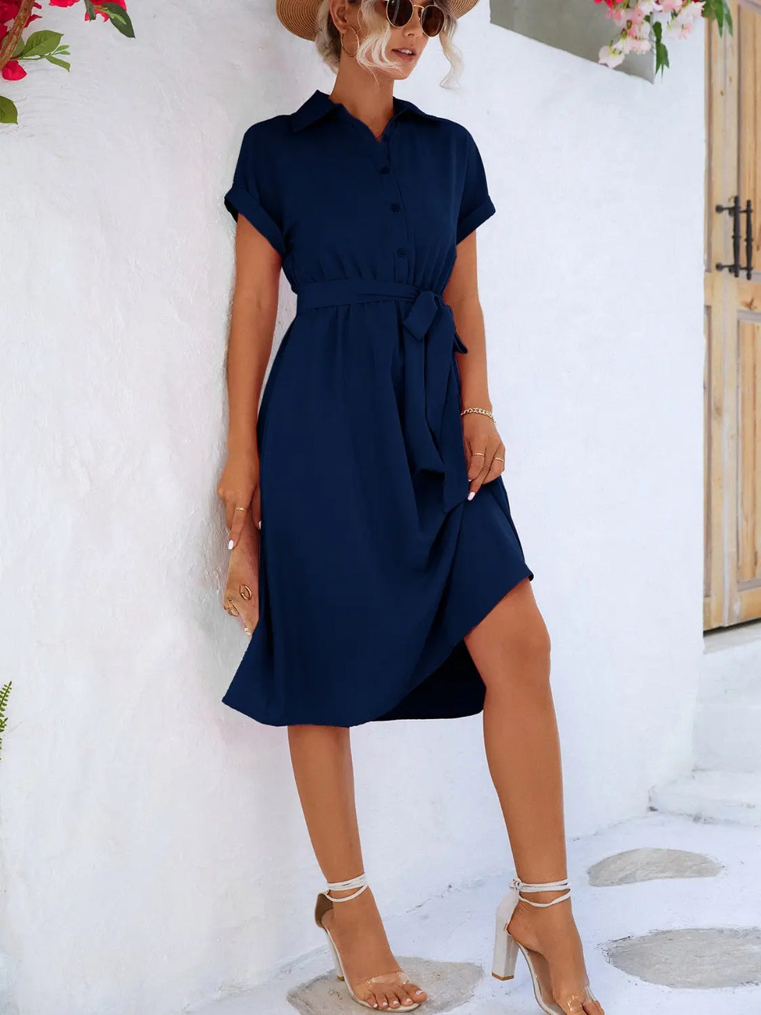 Buttoned Tie Waist Short Sleeve Dress -BazaarBey - www.shopbazaarbey.com