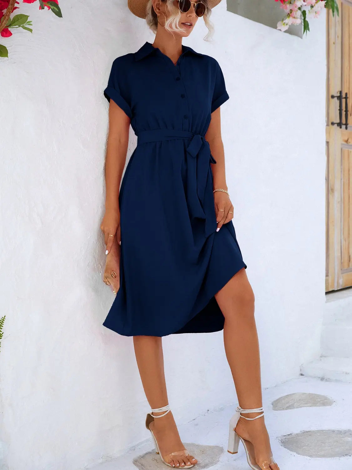 Buttoned Tie Waist Short Sleeve Dress -BazaarBey - www.shopbazaarbey.com