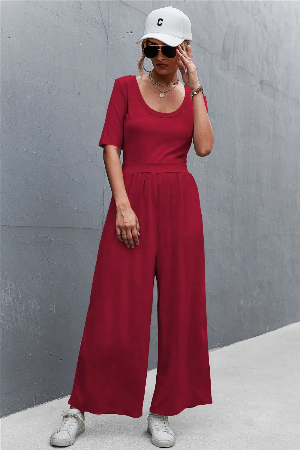 Scoop Neck Half Sleeve Wide Leg Jumpsuit Trendsi