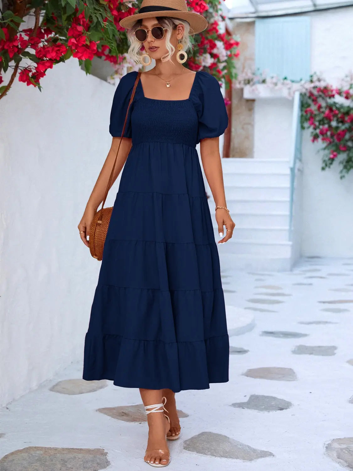 Tiered Smocked Short Sleeve Dress -BazaarBey - www.shopbazaarbey.com