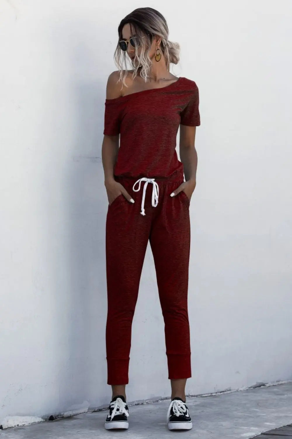 Asymmetrical Neck Tied Jumpsuit with Pockets Bazaarbey